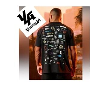 YoungLA Mens Black Wall of Fame Logo Graphic Gym T-Shirt Small Goth Streetwear